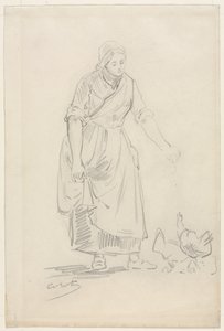 Tavuk Besleyen Köylü Kız by Jean Baptiste Camille Corot