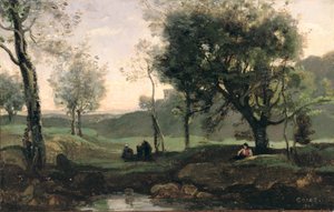 Günbatımı: Ağaçların Altındaki Figürler (tuval üzerine yağlıboya) by Jean Baptiste Camille Corot
