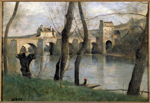 Camille Corot (1796-1875) 19. yüzyıl Güneşi tarafından Mantes Tablosunun köprüsünün görünümü. 0,38x0,55 m Paris Louvre Müzesi by Jean Baptiste Camille Corot