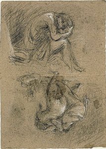 Eskizler: Başı Ellerinde Oturan Adam ve Arka Planda Diğerlerine Doğru Eğilmiş İki Figür (rekto); uzanmış kadın (versi) by Jean Baptiste Carpeaux