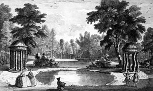 Grotto ve iki kabuk tapınağın bir görünümü, Stowe House Gardens, George Bickham tarafından oyulmuş, 1753