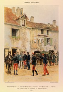 Types and Uniforms of the French Armee of Captain Jules Richard, illustrated by Edouard Detaille (1848-1912): Administration: Medicin Major of 2, th Class; Aide Major of 1, ere Class; Veterinary Aide First and Telegrapher in 1887, Private Collection by Jean Baptiste Edouard Detaille