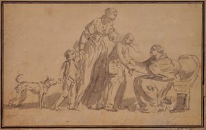 İki çocuk ve anne yaşlı bir hemşire tarafından karşılandı by Jean Baptiste Greuze