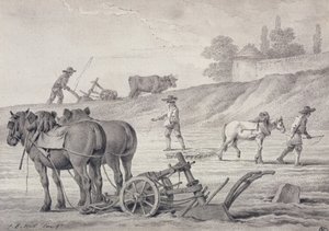 Ploughing the Fields (pen und ink and wash on paper) by Jean Baptiste Huet