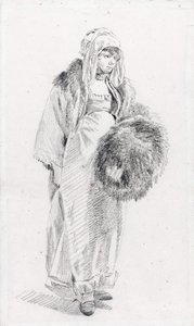 Kürk manşonu olan Rus kadın Le Prince, Jean-Baptiste (1734-1781), 1758 ve 1761 Arası - Kağıt üzerine siyah tebeşir, 22,9x13,8 - Özel Koleksiyon