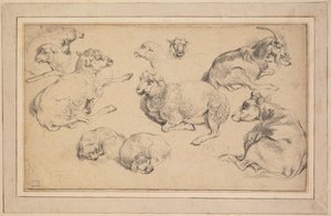 Koyun, Keçi ve Köpeklerle Çalışmalar Sayfası, c. 1780. by Jean Baptiste Marie Huet