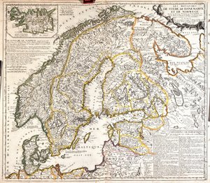 Norveç, İsveç ve Danimarka krallıklarının haritası (Gravür by Jean-Baptiste Nolin
