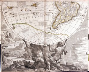 İki adam, Güney Amerika haritasıyla dünyevi gidişi destekliyor (gravür by Jean-Baptiste Nolin