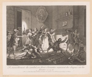 Interior met groep vechtende mensen İki hizmetçinin kalçalarına tokat yediği kavganın yenilenmesi (nesne üzerinde başlık) Roman Comique van Scarron