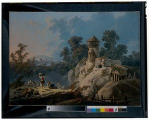 Bir kulenin altında sürüleriyle birlikte dinlenen çobanların yer aldığı geniş bir manzara by Jean Baptiste Pillement