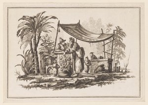 "Farklı Tarihsel Çin Konularından Altı Sayfalık Yeni Defter"den Vazoda Çiçekli Figürler by Jean Baptiste Pillement