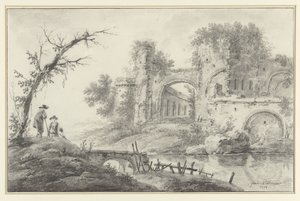 İki köylü ile bir nehirde harabe by Jean Baptiste Pillement