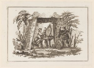 "Farklı Tarihsel Çin Konularından Altı Sayfalık Yeni Defter"den Aynaya Bakan Kadınlar by Jean Baptiste Pillement