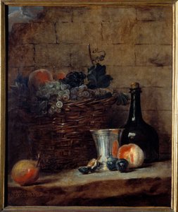 Beyaz ve siyah üzüm sepeti, gümüş fincan ve şişe Tablo Jean Baptiste Simeon Chardin (1699-1779) 18. yüzyıl Güneşi. 0,69x0,58 m by Jean Baptiste Simeon Chardin