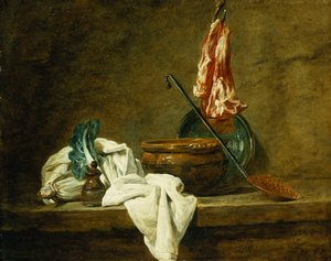 Pancar, Baharatlık, Bulaşık Bezi, Tencere, Sırlı Toprak Tabak, Sıyırıcı, Kancada Etli, Çıkıntıda, 1734 by Jean Baptiste Simeon Chardin