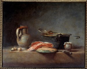 Bakır kap, sıyırıcı, sürahi ve somon dilimi. Natürmort. Jean Baptiste Simeon Chardin (1699 - 1779) by Jean Baptiste Simeon Chardin