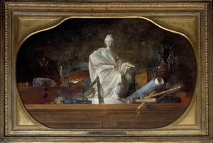 Heykeltıraş araçları, heykelcik ile sanatın Sanat Alegorisinin nitelikleri. Jean Baptiste Simeon Chardin (1699-1779) 1765 Sun tarafından tablo. 0,91x1,45 m by Jean Baptiste Simeon Chardin