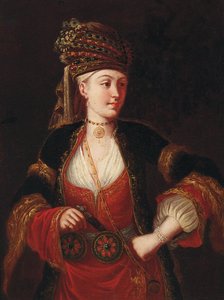 Doğu kostümlü, dörtte üç boyunda bir bayan by Jean Baptiste Vanmour