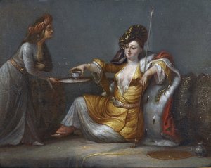 ""Sultan kahvesini içiyor"" (Sultana kahve içiyor) Jean Baptiste (Jean-Baptiste) Vanmour (Van Mour) okulundan tablolar (1671-1737) Özel koleksiyon by Jean Baptiste Vanmour