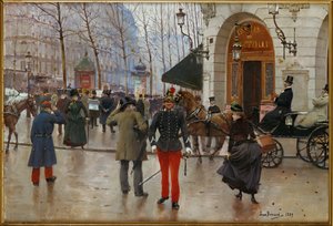 The Boulevard des Capucines and the Theatre du Vaudeville, Paris (tuval üzerine resim) by Jean Beraud