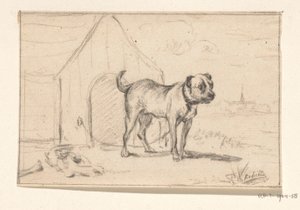 Köpek kulübesinin önünde duran tasmalı köpek by Jean Bernard