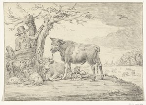 Sığırlarla bir çitin yanında duran çiftçi by Jean Bernard