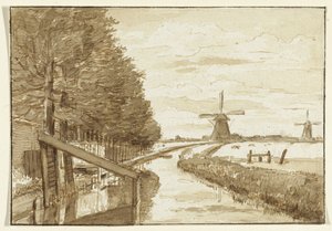 Bir kanal ve iki yel değirmeni ile manzara by Jean Bernard