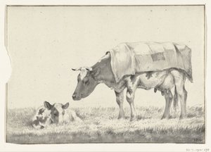 Ayakta duran inek, solda, yatan buzağı ile by Jean Bernard