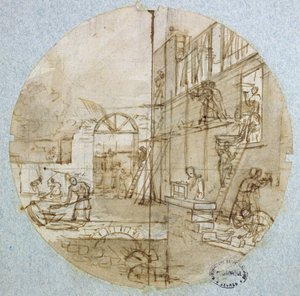 Mason's Workshop, farklı zanaatları tasvir eden bir hizmet için tabak tasarımı, c.1820-35 (kağıt üzerine kalem ve mürekkep ve yıkama ve guaj) by Jean Charles Develly