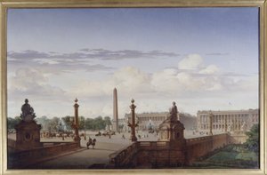 Place de la Concorde, su kenarındaki terastan görünüm; Kral Louis-Philippe bir at arabasıyla meydandan geçiyor, 1846 (tuval üzerine yağlıboya) by Jean Charles Geslin