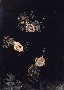 Jean Dunand imzalı, kırmızı ve altın balıkların hava kabarcıkları üflediği bir sualtı sahnesini betimleyen lake panel