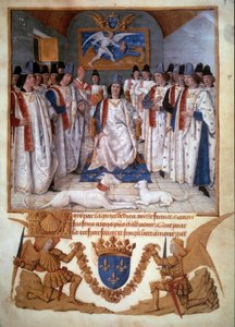 Jean Fouquet (1420-1481) 1470 Paris, BN tarafından “Saint-Michel Tarikatı Tüzükleri”nden Louis XI (1423-1483) Minyatür'ün Saint Michel Nişanı'nın bir bölümünün düzenlenmesi by Jean Fouquet