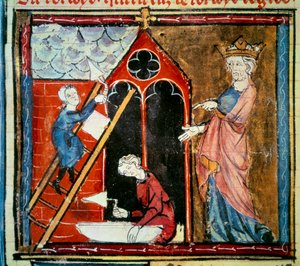 Louis vi le gros (1081 - 1137) supervising the construction of a building. Miniature in “” Grandes chroniques de france”” by Jean Fouquet (1420-1481) by Jean Fouquet
