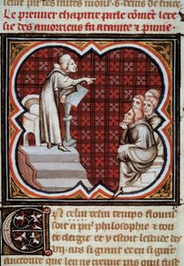 Fransız filozof ve ilahiyatçı Amaury de Chartres (veya Amaury de Bene veya Amalricus de Bene) (1209 öldü) öğrencilerinin (Amauricianlar) önünde. Jean Fouquet (1420-1481) tarafından aydınlatılan Les Grandes Chronicles de France”” minyatüründen by Jean Fouquet