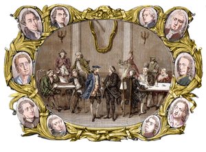 Paris - 18. yüzyılda sağdan sola “Procope” kafesi, madalyonlarda, Georges Louis Leclerc, Comte de Buffon, Nicolas Joseph Florent Gilbert, Denis Diderot, Jean le Rond d
