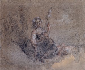 A Young Shepherdess Spinning (kağıt üzerinde kırmızı ve beyaz tebeşir ve karakalem) by Jean Francois Millet
