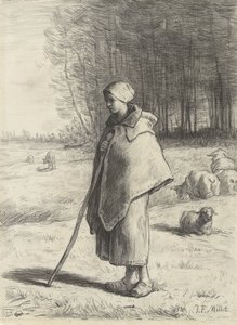 Shepherdess, 1860-69 (kağıt üzerinde tebeşir) by Jean Francois Millet
