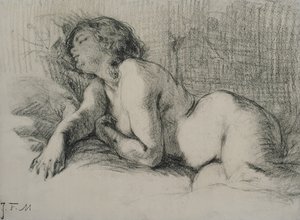 Yatan çıplak bir kadın çalışması (kağıt üzerinde kömür) by Jean Francois Millet