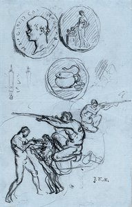 Antika paralar, avcılar ve aslanlı bir adam için üç çalışma by Jean Francois Millet