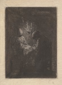 Lamplight Tarafından Dikiş İki Kadın, yaklaşık. 1853. by Jean Francois Millet