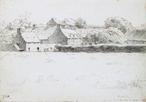 Tarladaki Çiftlik Binalarının Görünümü, 1871 (siyah tebeşir, kalem ve mürekkep ve kağıt üzerine pastel boya ile grafit) by Jean Francois Millet