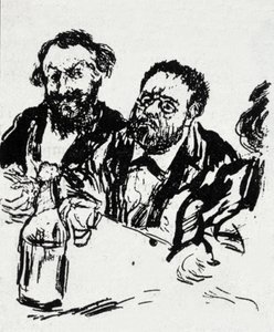 Ressam Edouard Manet (1832-1883) ve yazar Emile Zola (1840-1902) masada Karikatür Jean Francois Raffaelli (1850-1924) by Jean Francois Raffaelli