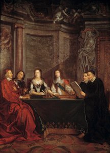 Vicdan Konseyi: Saint Vincent de Paul, Kardinal Jules Mazarin (Giulio Raimondo Mazzarino veya Mazarino) (1602-1661), Pierre Seguier (1588-1672), Avusturya Kraliçesi Anne (1601-1666) huzurunda okuma vicdan konseyi başkanı ) ve Louis XIV (1638) by Jean François de Troy