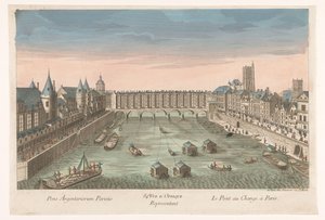 Paris 84'de Seine Nehri üzerinde yerleşik Pont au Change'in görünümü. Vue d'optique temsilcisi le Pont au Change à Paris (nesne üzerindeki başlık) by Jean François Daumont