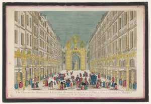 Fransa Kralı XV. Louis'nin 1745'teki restorasyonu vesilesiyle Paris'teki Rue de la Feronnerie'nin dekorasyonunun görünümü. Vue perspektif des aydınlatmalar de la Ruë de la Feronnerie du côté de la Ruë St. Denis a Paris ( .. .) (başlık o