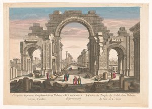 11. yüzyılın doğu tarafından görülen Palmyra'daki revak kemerinin kalıntılarının görünümü. Vue d'optique temsilcisi l'entrée du temple du soleil dans Palmire du côté de l'orient (nesne üzerindeki başlık) by Jean François Daumont