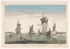 Gün batımında gemiler ve teknelerle deniz manzarası Vuë de la mer au soleil couchant (nesnedeki başlık) by Jean François Daumont