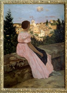 Pembe elbise veya Castelnau le Lez (veya Castelnau-le-Lez, Herault) Manzarası. Sanatçının yeğeni Therese des Hours'un portresi. Jean Frederic Bazille (1841-1870) 1864 Güneş tarafından tablo. 1,4x1,1 m. Tuval üzerine yağlıboya. Paris, musee d'Orsay  by Jean Frederic Bazille
