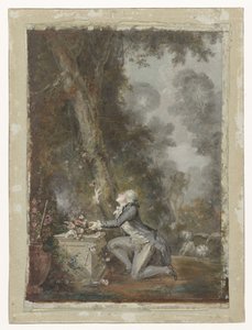 Bahçede bir aşk sunağının yanında diz çökmüş genç adam by Jean Frederic Schall