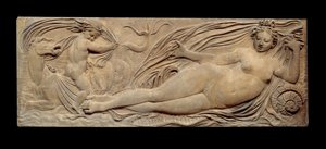 Peri ve küçük cin deniz atına biner; Nymph ve Triton, iki küçük cinle çevrilidir. Düşük kabartma. Jean Goujon